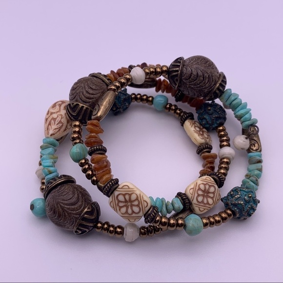 Boho Blue and Brown Spiral Bead Bracelet - Picture 3 of 6